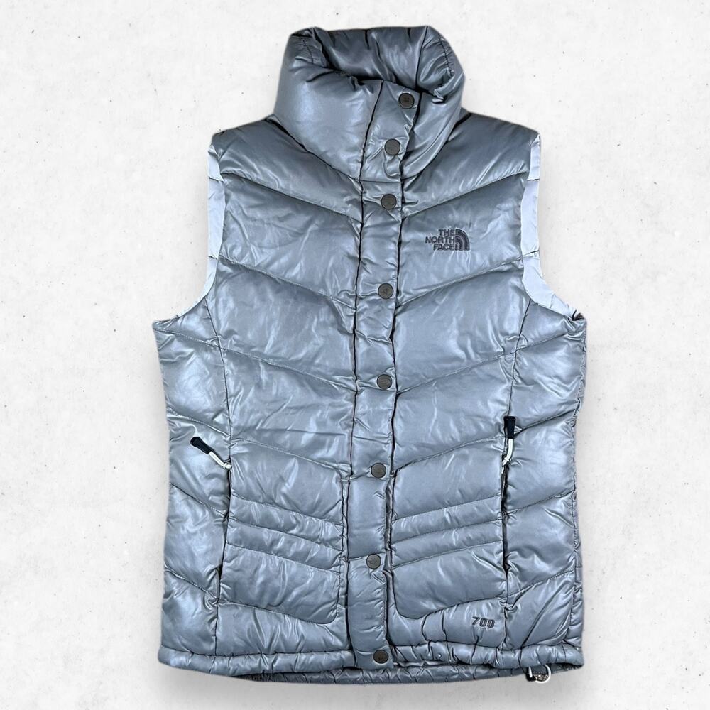 The North Face Quilted Puffer Down Vest 700 Women's Size S‎ Silver Gray Stained